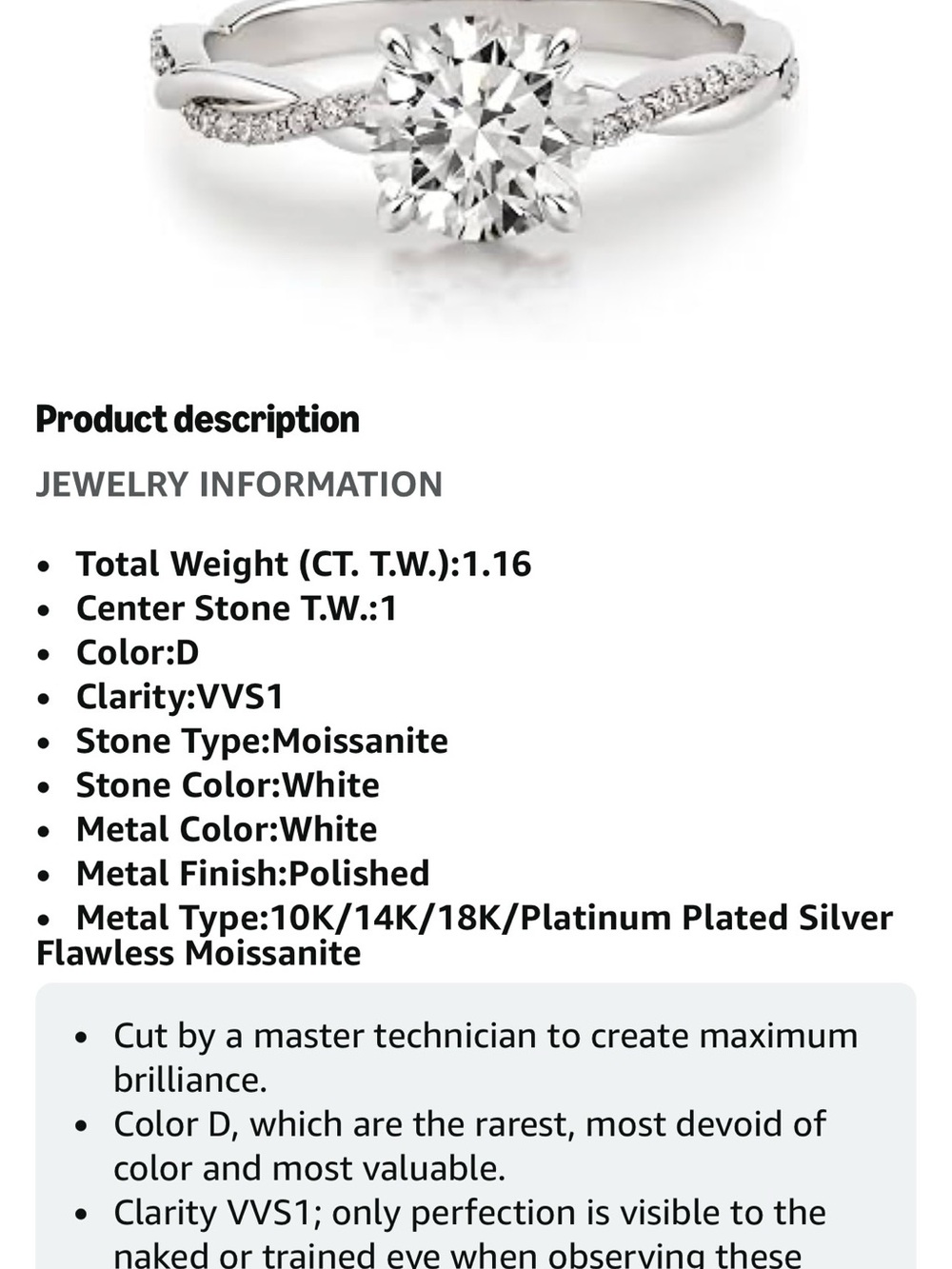 14k Engagement Ring with 1 ct center stone moissanite - Picture 6 of 6